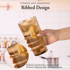 4PCS Brown Drinking Glasses, Ribbed Glass Cups with Lids and Straws, 20oz Vintage Drinking Glasses, Aesthetic Iced Coffee Cups, Glass Tumbler for Boba, Beer, Tea, Cocktails, Yellow Glassware (Brown-4) - Image 3
