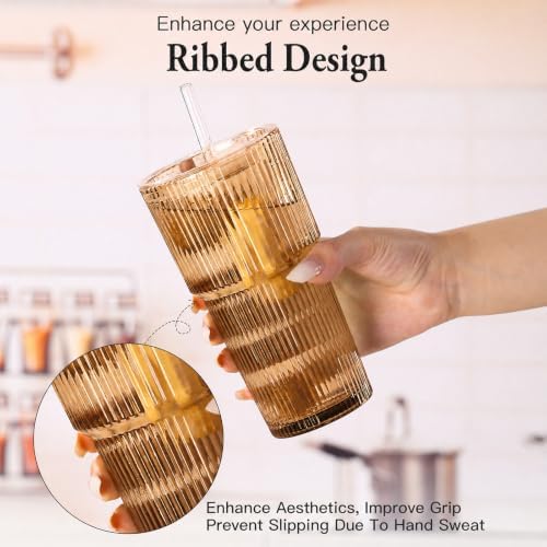 4PCS Brown Drinking Glasses, Ribbed Glass Cups with Lids and Straws, 20oz Vintage Drinking Glasses, Aesthetic Iced Coffee Cups, Glass Tumbler for Boba, Beer, Tea, Cocktails, Yellow Glassware (Brown-4) - Image 3
