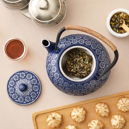 Juvale Japanese Cast Iron Teapot with Infuser & Stovetop Tea Kettle - 34 oz, Blue - Heat Retention, Removable Lid & Fold-Down Handle - Image 3