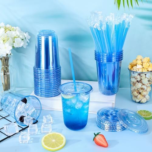 tchrules 100 Set 16oz Blue Round Bottom Plastic Cups with Lids and Straws - Image 3