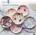BTaT- Floral Dessert Plates Ceramic, Set of 6, 8 Inch, Assorted Colors with Golden Rim, Deep Porcelain Floral Plates Set of 6, Dishwasher Safe - Image 2