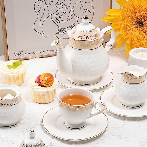 Sweejar 21 Pieces Porcelain Tea Set, Vintage Gold Trimmed Teapot Cup and Saucer Set, Tea Cup for Loose Tea, Sugar Bowl and Creamer Pitcher with Spoons, Service for 6(Classic Gold) - Image 2
