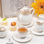 Sweejar 21 Pieces Porcelain Tea Set, Vintage Gold Trimmed Teapot Cup and Saucer Set, Tea Cup for Loose Tea, Sugar Bowl and Creamer Pitcher with Spoons, Service for 6(Classic Gold) - Image 2