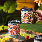 Ceramic Latte Mug Set of 4, 15.5oz Hand Painted Porcelain Coffee Cups With Handle for Tea/Milk/Cocoa - Modern Retro Design For Any Kitchen. Microwave and Dishwash Safe (Exotic Daisy) - Image 6