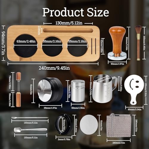 28PCS Espresso Accessories Kit,51mm Espresso Tamper Tools,Includes Wood Station,Distributor,Stirrer,Dosing Funnel,Brush,Puck Screen,Frothing Pitcher,Latte Pen,Powder Ring,Towel,Decorative Stencils - Image 6