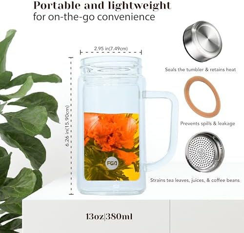 Amruta 13oz/380ml Glass Infuser Bottle Tea Tumbler w/Handle, Double-Walled Borosilicate Glass for Loose Leaf Tea & Coffee,304 Stainless Steel Lid & Strainer, Heat Resistant & Leak-Proof - Image 3