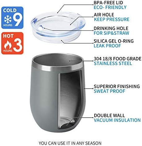 HASLE OUTFITTERS 12oz Wine Tumbler with Lid Stemless Wine Glasses Double Wall Vacuum Travel Mugs stainless steel Coffee Cup for Cold & Hot Drinks Wine Coffee Cocktails Beer 6 Pack Grey - Image 5