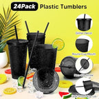 24 Pack Plastic Tumblers with Lids and Straw, Reusable Cups with Lids and Straws Colorful Cups for Cold Drink Iced Coffee, Plastic Tumbler Bulk for Party Birthday Gifts (24 oz, Black) - Image 2