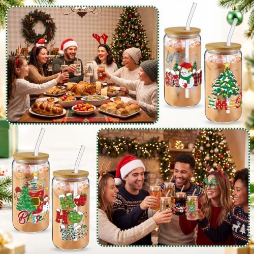 6 Pcs Christmas Glass Cups with Lids and Straws Snowman Christmas Tree Gnome Blessed Tumbler 16 oz Xmas Reusable Can Shaped Drinking Glasses Bulk for Winter Gifts Party Supplies - Image 4