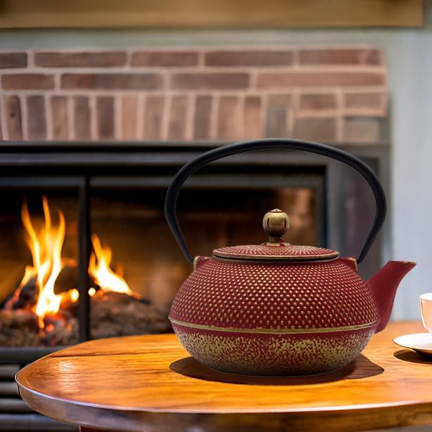 30.4oz Small Cast Iron Teapot with Infuser for Loose Tea & Coffee, Tea Pot Coated with Enameled Interior, Cast Iron Tea Kettle with Teacups for Adults, Exquite Cast Tea Set with 4PCS Iron Cups - Image 2