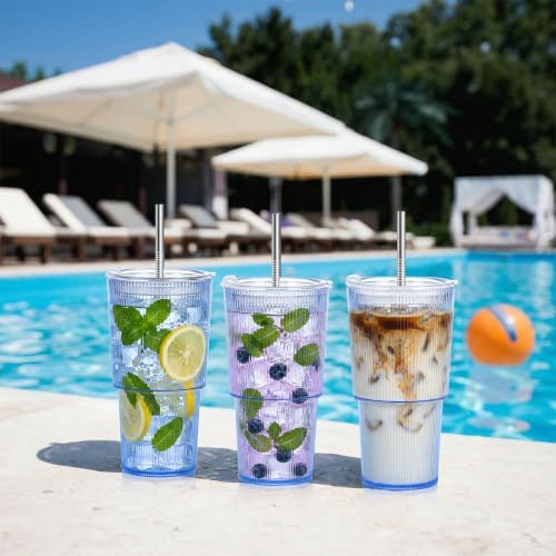 8 Pcs 20oz Acrylic Ribbed Tumblers with Lid and Straws Blue Plastic Reusable Iced Coffee Cups with Lid Unbreakable Vintage Ribbed Drinking Glasses Tumbler for Juice Smoothie Beverage with Clean Brush - Image 7