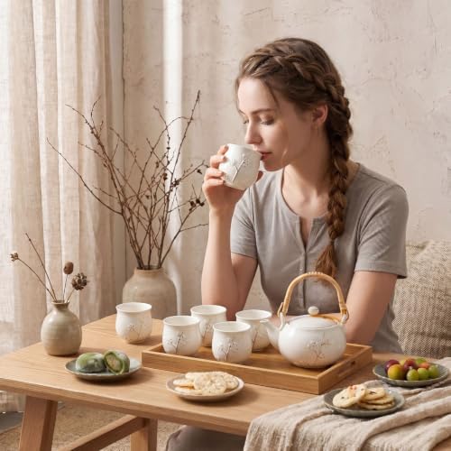Layhit Japanese Asian Tea Set for Adults with 1 Teapot 6 Cups 1 Tray, 20 oz Traditional Portable Japanese Kiln Altered Glaze Porcelain Tea Set for Women Mother's Day Gifts(White, Plum) - Image 5