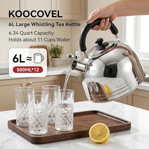 Whistling Tea Kettle, 6.2QT 6L 304 Stainless Steel Stovetop Teapot - Image 2