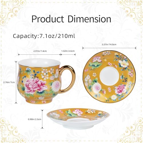 KAMMAK Tea Cup and Saucer, Ceramic Coffee Cups, 7.1 oz, Set of 2 - Image 2