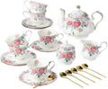 15 Piece British Bone China Tea Cup Sets, Elegant red Rose Pattern, Cups and Saucers Service for 4, with Teapot Sugar Bowl Cream Pitcher Teaspoons for Tea/Coffee, Gifts Set for Adults. by HappleCwlwgoHome