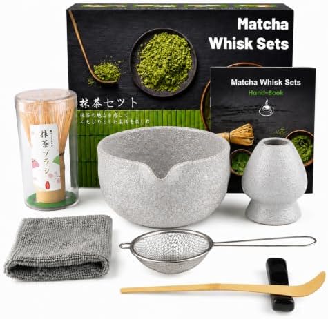 7PCS Matcha Set, Matcha Making Kit Includes Matcha Whisk and Bowl, Tea Lid, Scoop, Strainer and Match Whisk Holder, Tea Towel, Matcha Whisk Set for Matcha Lovers (Grey White) by Lafefe