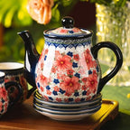 polish pottery style porcelain ceramic 10 piece Tea set,7.2oz tea cup and sauce set of 4,28.2oz teapot and 1wooden tray (Snow and Plum) - Image 5