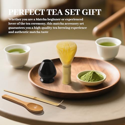 4 Piece Matcha Japanese Ceremony Set, Resin Matcha Whisk, Bamboo Spoon, Bamboo Scoop, Whisk Stand, Perfect Set for Preparing, Yellow-Black - Image 3