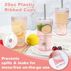 6 Pcs 20oz Acrylic Ribbed Tumblers with Lid and Straws Pink Plastic Reusable Iced Coffee Cups with Lid Unbreakable Vintage Ribbed Drinking Glasses Tumbler for Juice Smoothie Beverage with Clean Brush - Image 3