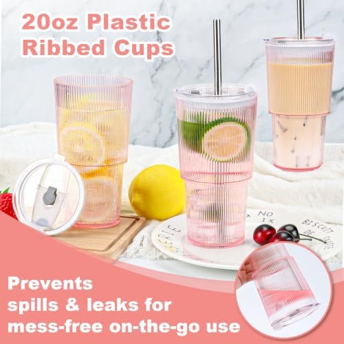 6 Pcs 20oz Acrylic Ribbed Tumblers with Lid and Straws Pink Plastic Reusable Iced Coffee Cups with Lid Unbreakable Vintage Ribbed Drinking Glasses Tumbler for Juice Smoothie Beverage with Clean Brush - Image 3