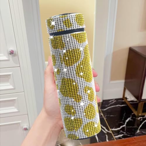 17 oz Bling Stainless Steel Water Bottle Rhinestone Vacuum Water Bottle Glitter Bottles Diamond Vacuum Flask Mug Gift Girls Women (500ml),Cow Yellow - Image 3