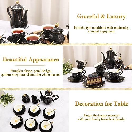 DUJUST 22 pcs Porcelain Tea Set for 6, Luxury British Style Tea/Coffee Cup Set with Golden Trim, Beautiful Tea Set for Women, Tea Party Set, Gift Package (Including a Stand) - Black - Image 3