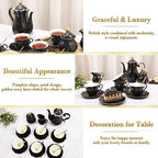 DUJUST 22 pcs Porcelain Tea Set for 6, Luxury British Style Tea/Coffee Cup Set with Golden Trim, Beautiful Tea Set for Women, Tea Party Set, Gift Package (Including a Stand) - Black - Image 3