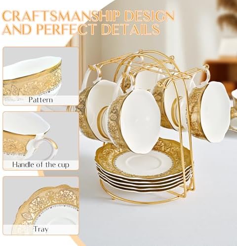 Luxury White & Gold Embossed Tea Cups and Saucers with Teapot, Sugar Bowl, & &Creamer, Vintage European Porcelain Coffee Set for Tea Party, Wedding, Gift (Gold Lace, 17pcs/set) - Image 6