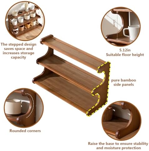 3-Tier Wooden Mug Holder Countertop, Coffee Cup Holder Mug Display Coffee Mug Organizer Mug Rack for Coffee Station Organizer Mug Shelf for Cabinet for Kitchen, Home,Brown,Short - Image 3