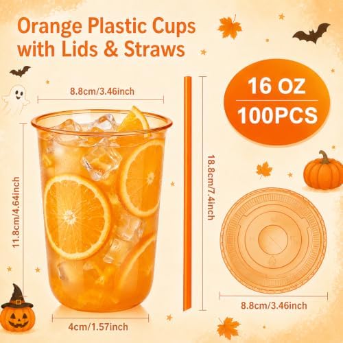 tchrules 100 Set 16oz Orange Plastic Iced Coffee Cups with Lids & Straws - Image 3