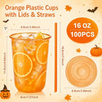 tchrules 100 Set 16oz Orange Plastic Iced Coffee Cups with Lids & Straws - Image 3