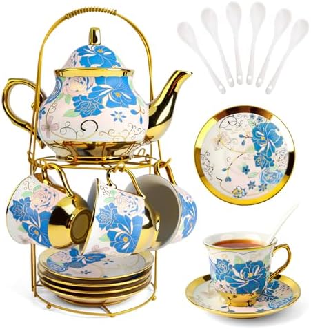 ALIMOTA 20 Pcs Porcelain Tea Set with Metal Holder and Spoon, European Ceramic Tea Set for Adults, European Flower Painting Teapot Cup Saucer Spoon Set for 6, Gift Pack (Blue and Pink) by YourLifeCollector