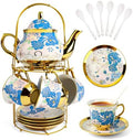 ALIMOTA 20 Pcs Porcelain Tea Set with Metal Holder and Spoon, European Ceramic Tea Set for Adults, European Flower Painting Teapot Cup Saucer Spoon Set for 6, Gift Pack (Blue and Pink) by YourLifeCollector