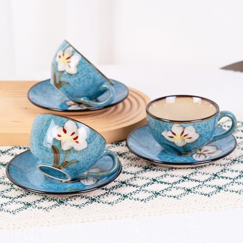8 Oz Floral Porcelain Cappuccino Cups with Saucers Set of 4, Stoneware Tea Coffee Mugs for Home Kitchen & Office, Dishwasher Microwave Oven Safe, for Espresso, Latte, Americano, Milk & Tea, Blue - Image 2