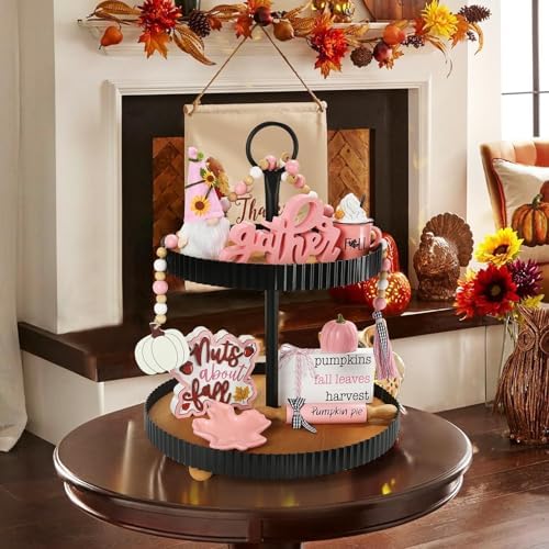 Fall Decorations for Home, 8Pcs Farmhouse Pink Fall Tiered Tray Decor Set - Image 6
