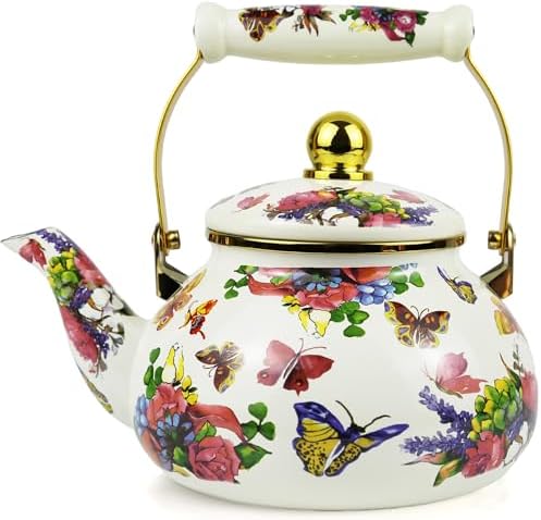 Vintage Enamel Tea Kettle 2.5L Butterfly Boho Floral Stovetop Teapot by MersteadHome