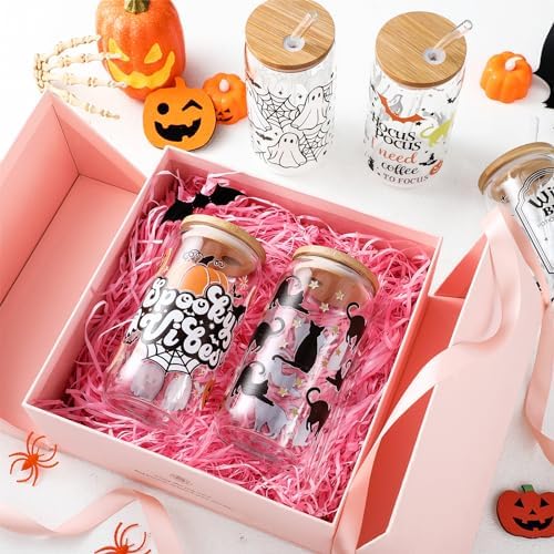 SiliFine 6 Pcs Halloween Glass Cups, 16 oz with Lids and Straws - Image 6