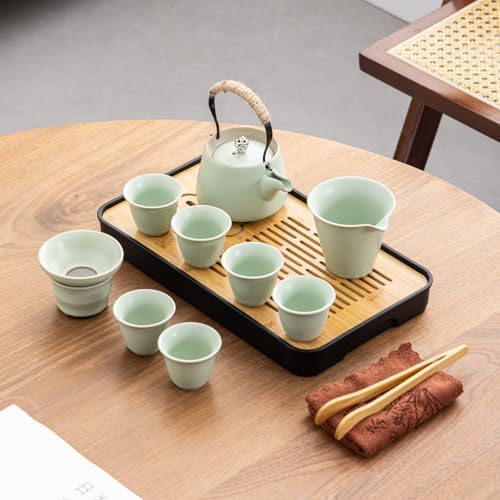 Travel tea set,Portable ceramic tea set,Chinese tea set,Tea sets for adults,Tea pot sets,Portable Travel Bag,Home,Gifting,Outdoor and Office,茶具 (Light green) - Image 2