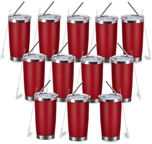 20oz insulted tumblers stainless steel cup Tumbler Bulk with push Lid, and metal straw powder coated coffee cup for cold and hot drinking (12, red) by Unknown