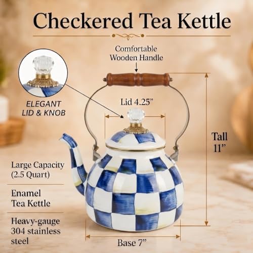 Checkered Tea Kettle for Checkered Kitchen Decor - Blue and White Tea Kettle for Stovetop - Stylish Enamel Teapot with Wooden Handle - Vintage Classic Teapot with Elegant Lid & Knob- 2.5 Quart - Image 3