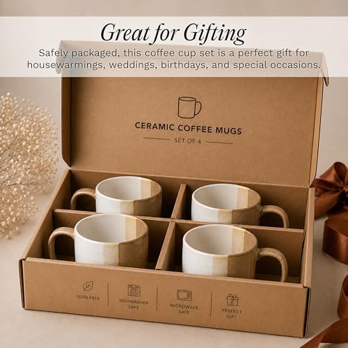 SANGO Phoebe Caramel/White Coffee Mugs Set of 4, 15 oz Stoneware Coffee Mug Set, Big Glossy Ceramic Tea Cup for Cappuccino, Latte, Cocoa, Large Coffee Cups with Handle, Microwave & Dishwasher Safe - Image 5