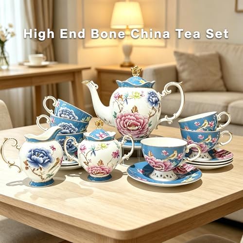 Bone China Tea Set, Vintage Floral Tea Sets for Adults, 21-Piece Blue Porcelain Tea Sets for 6, Bird Tea Cup Set with Teapot, Sugar Bowl, Creamer, Gold Trim, Perfect Gift for Tea Lovers - Image 6