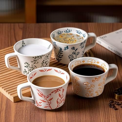 Ceramic Mugs 11 oz Unique Luxurious Cups Set of 4, Mug for Coffee Milk Latte Cappuccino Tea, Office Home Dishwasher Microwave Freezer Safe Stoneware Handmade Minimalist Mixed Cup - Image 5