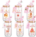 Vesici 6 Set Christmas Glasses Cups 16 oz Xmas Drink Cup with Lid Straw and Stopper Can Shaped Beer Tumbler Christmas Pink Appreciation Gifts with Cards and Bow for Women Birthday Party Favor by Vesici