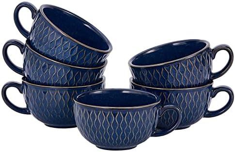 Coffeezone Set of 6 Cups Vintage Design 12 oz Professional Barista Ceramic Latte Art Cappuccino Cups Set (Embossed Blue * 6) by Coffeezone
