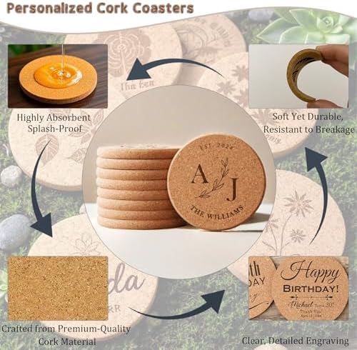 10-100Pcs Custom Coasters Personalized Cork Coasters Bulk Engraved Text/Name/Logo Non-Slip Heat-Resistant Wedding Favors for Guests, Bridal Shower, Business Promotional Gifts (100) - Image 3