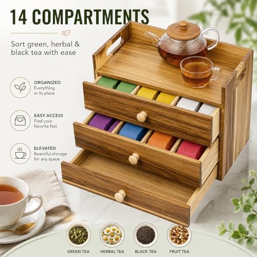 Acacia Wood Tea Bag Organizer, 3-Tier Tea Organizers with 14 Compartments - Image 2
