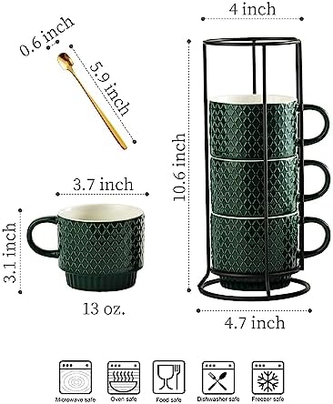 LYEOBOH Coffee Mug Set Porcelain Stackable Coffee Mugs with Stand and Spoons, 13 OZ. Cappuccino Cup Demitasse Cups for Drinks, Espresso, Latte,Set of 4, Dark Green - Image 2