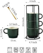 LYEOBOH Coffee Mug Set Porcelain Stackable Coffee Mugs with Stand and Spoons, 13 OZ. Cappuccino Cup Demitasse Cups for Drinks, Espresso, Latte,Set of 4, Dark Green - Image 2