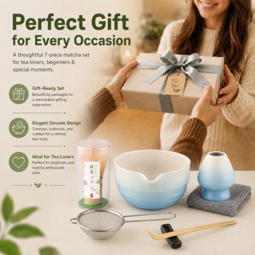 7PCS Matcha Set, Matcha Making Kit Includes Matcha Whisk and Bowl, Tea Lid, Scoop, Strainer and Match Whisk Holder, Tea Towel, Matcha Whisk Set for Matcha Lovers (Blue) - Image 7